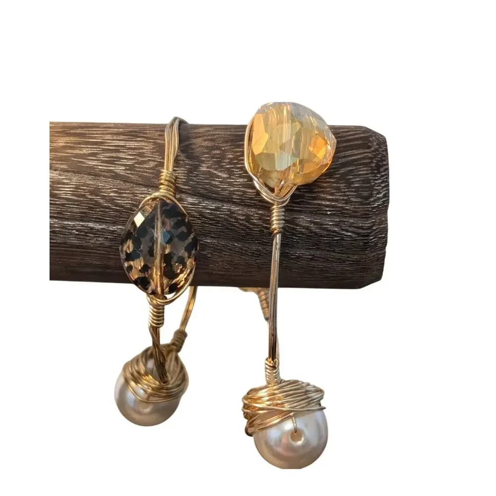 Two Chunky Wire Wrapped Gold Tone Faux Pearl Gem 2.5